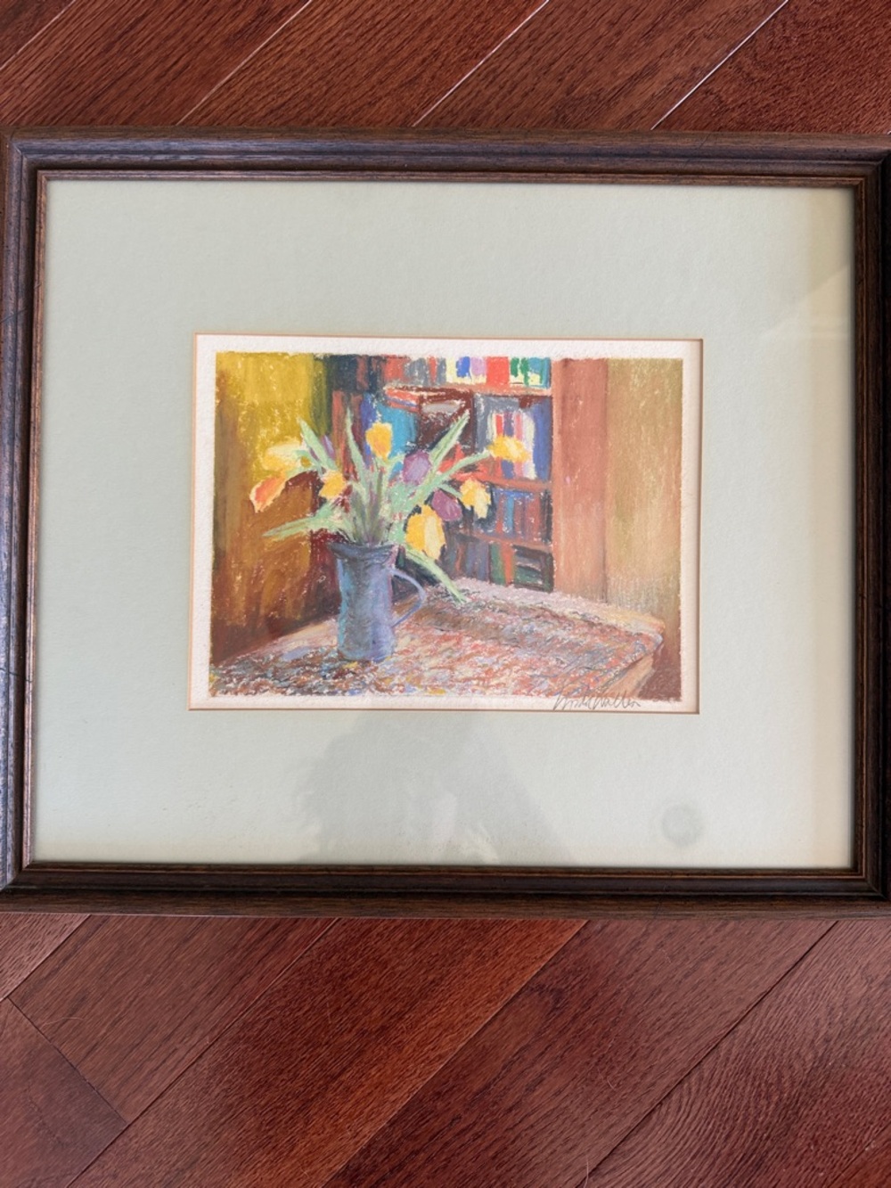 Colorful Framed Floral Still Life Pastel Artwork - Yellow & Blue